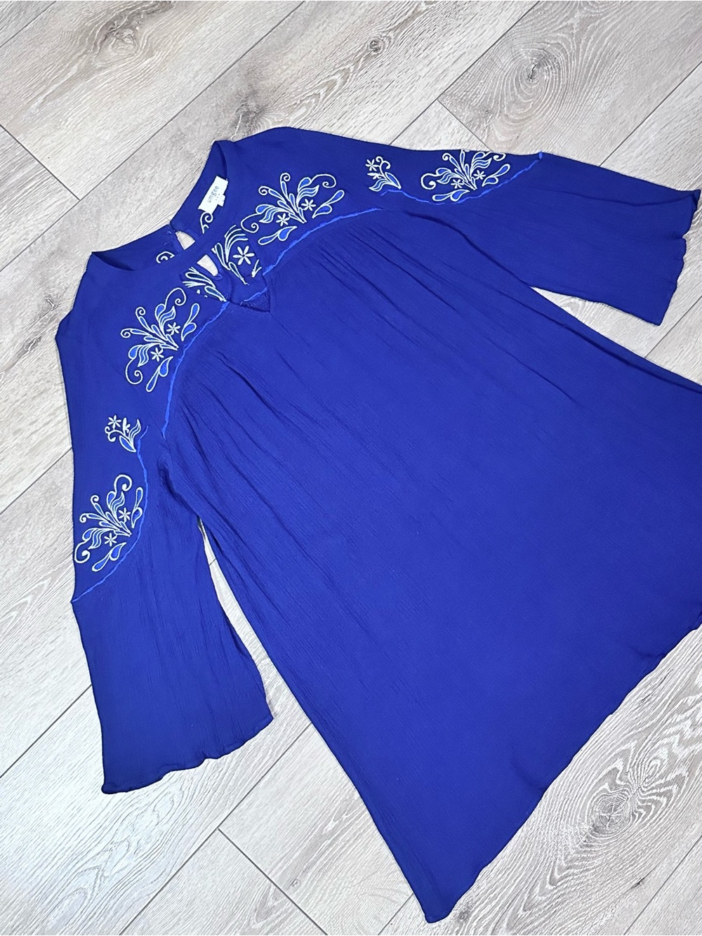 Umgee Navy Crinkle Gauze Floral Embroidered Mini Shift Dress *Read* - Picture 7 of 15